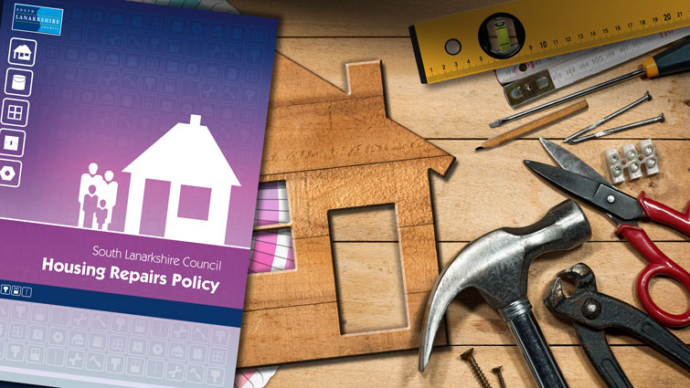 This is a graphic which shows tools and the front cover of the council's Housing Repairs Policy