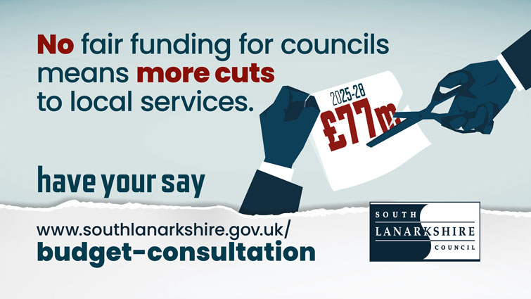 This graphic shows a pair of hands cutting through the figure £77million and says no fair funding for councils means more cuts to council services and has a link to the budget consultation