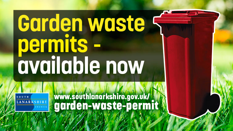 This is a designed image showing a red bin, on a grass background, with the ciouncil logo, contact details and the words Garden Waste permits - available now