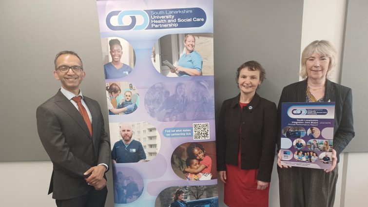 This image shows Professor Soumen Sengupta, chair of the IJB Lesley McDonald and Councillor Margaret Walker in front of a health and social care banner