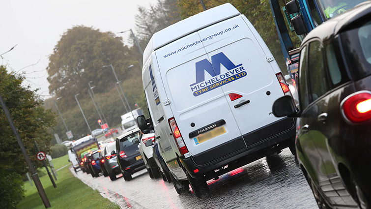 A view of a traffic jam on Stewartfield Road during a particularly congested period