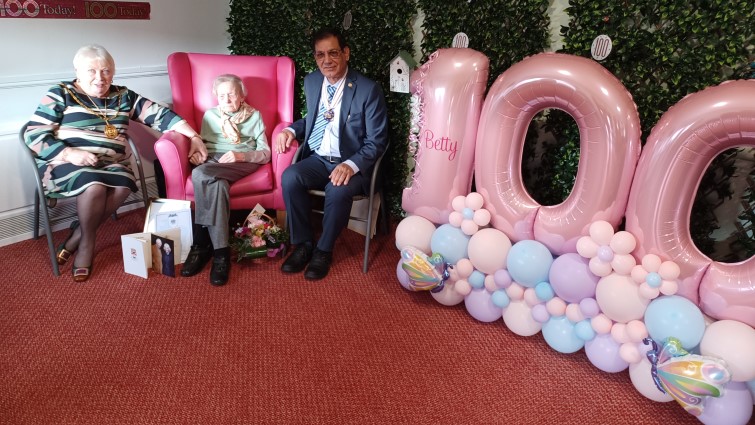 Betty Fairley at her 100th birthday party, with Provost Margaret Cooper and Deputy Lord Lieutenant Ali Liaquat.