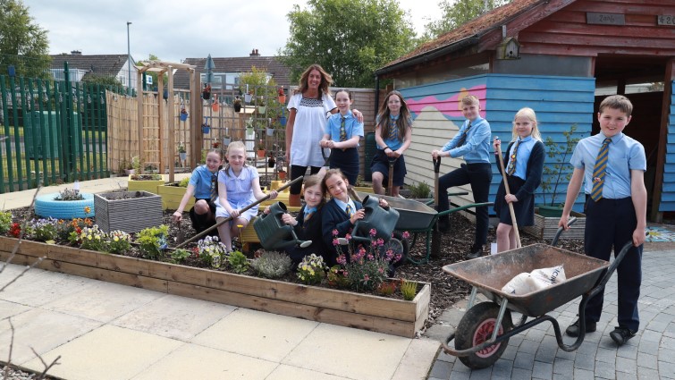 Pupils at St John's PS, Blackwood, working in their school garden.